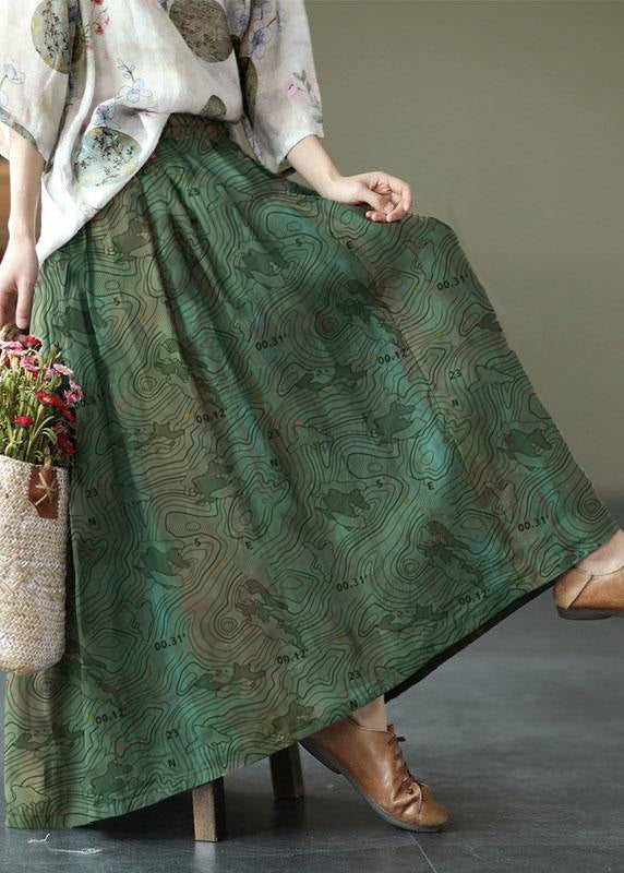  Women Green Print Ramie Elastic Waist Skirt - Skirts - DYAVOR® 