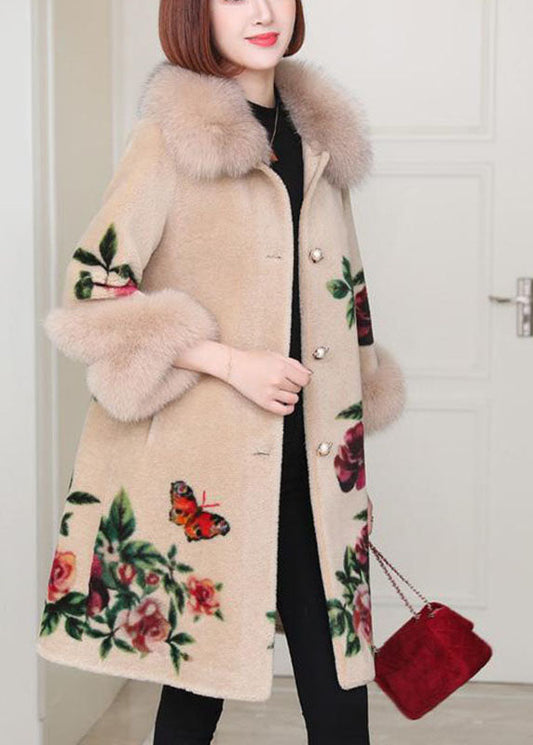  Apricot Print Button Thick Winter Long sleeve Coat - Down Jackets - DYAVOR® 