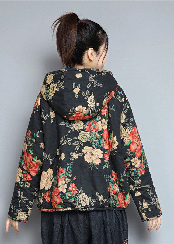  Art Black Hooded Pockets Print Fine Cotton Filled Womens Coats Winter - Down Jackets - DYAVOR® 