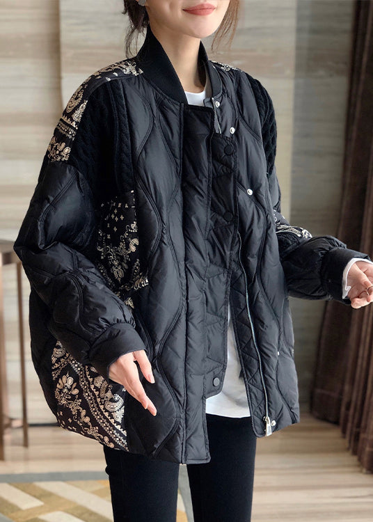  Art Black Stand Collar Print Patchwork Zippered Button Duck Down Down Coat Winter - Down Jackets - DYAVOR® 