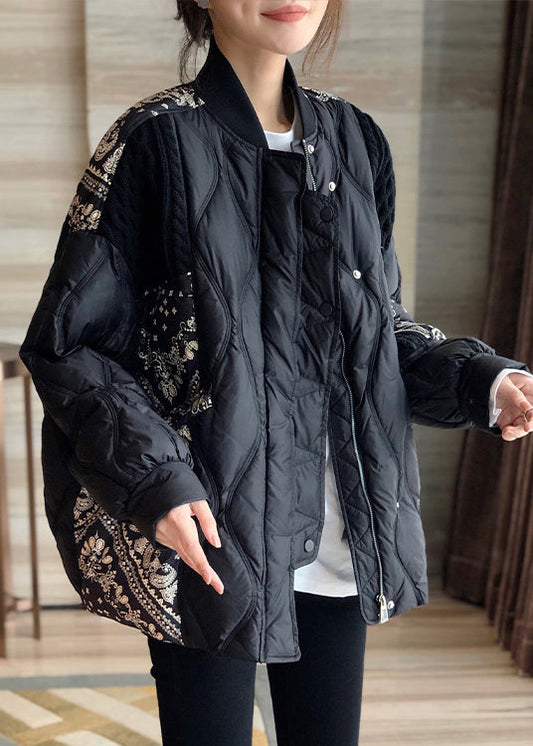  Art Black Stand Collar Print Patchwork Zippered Button Duck Down Down Coat Winter - Down Jackets - DYAVOR® 