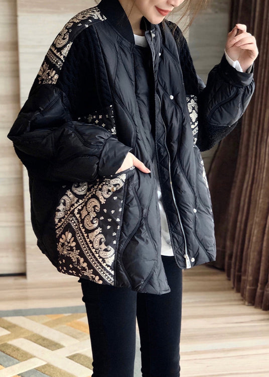  Art Black Stand Collar Print Patchwork Zippered Button Duck Down Down Coat Winter - Down Jackets - DYAVOR® 