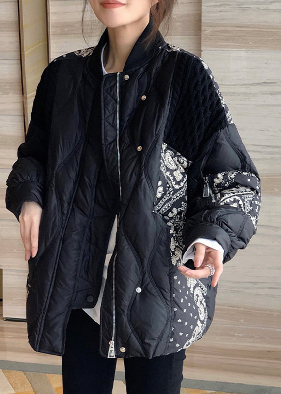  Art Black Stand Collar Print Patchwork Zippered Button Duck Down Down Coat Winter - Down Jackets - DYAVOR® 