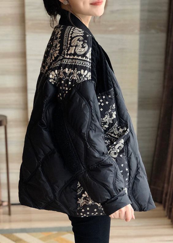  Art Black Stand Collar Print Patchwork Zippered Button Duck Down Down Coat Winter - Down Jackets - DYAVOR® 