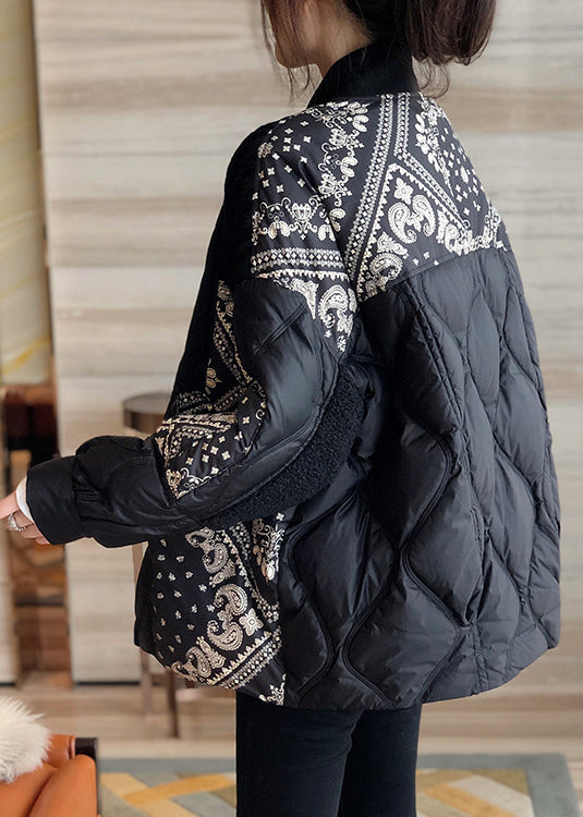  Art Black Stand Collar Print Patchwork Zippered Button Duck Down Down Coat Winter - Down Jackets - DYAVOR® 