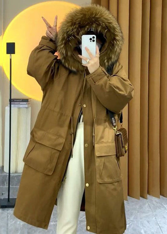  Art Caramel Faux Fur Collar Drawstring Pockets Womens Parka Winter - Down Jackets - DYAVOR® 