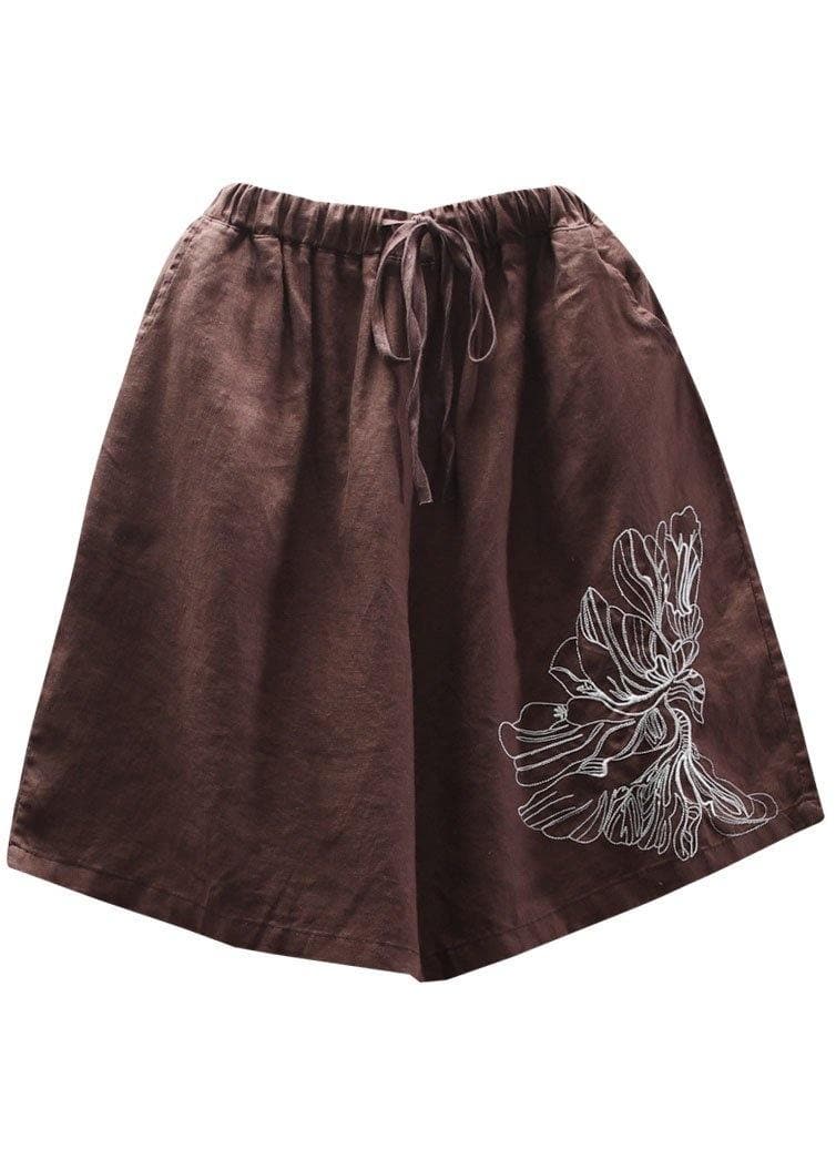  Art Chocolate Embroideried tie waist Linen hot Pants - Shorts - DYAVOR® 