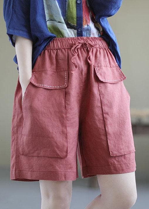 Art Red Tie Waist Patchwork Summer hot Pants Linen