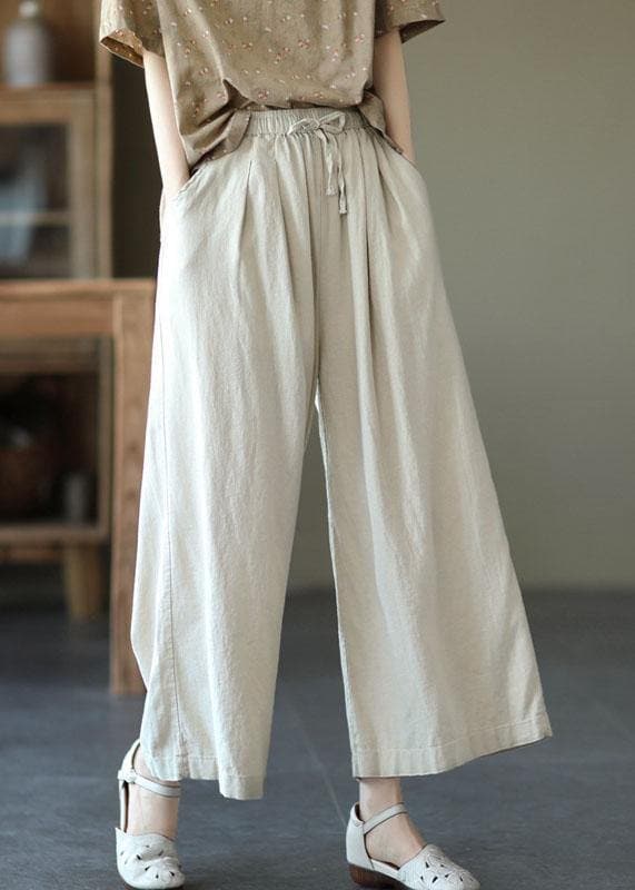 Beautiful Beige Elastic Waist tie waist Wide Leg Pants Linen