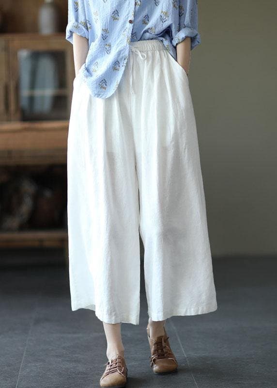 Beautiful Beige Elastic Waist tie waist Wide Leg Pants Linen