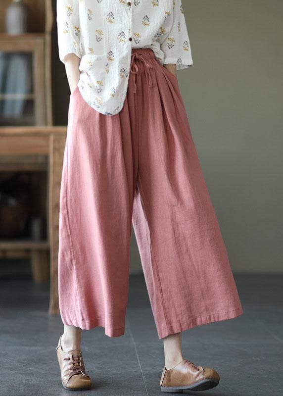 Beautiful Beige Elastic Waist tie waist Wide Leg Pants Linen