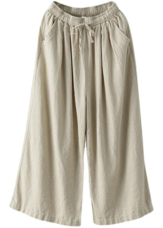 Beautiful Beige Elastic Waist tie waist Wide Leg Pants Linen