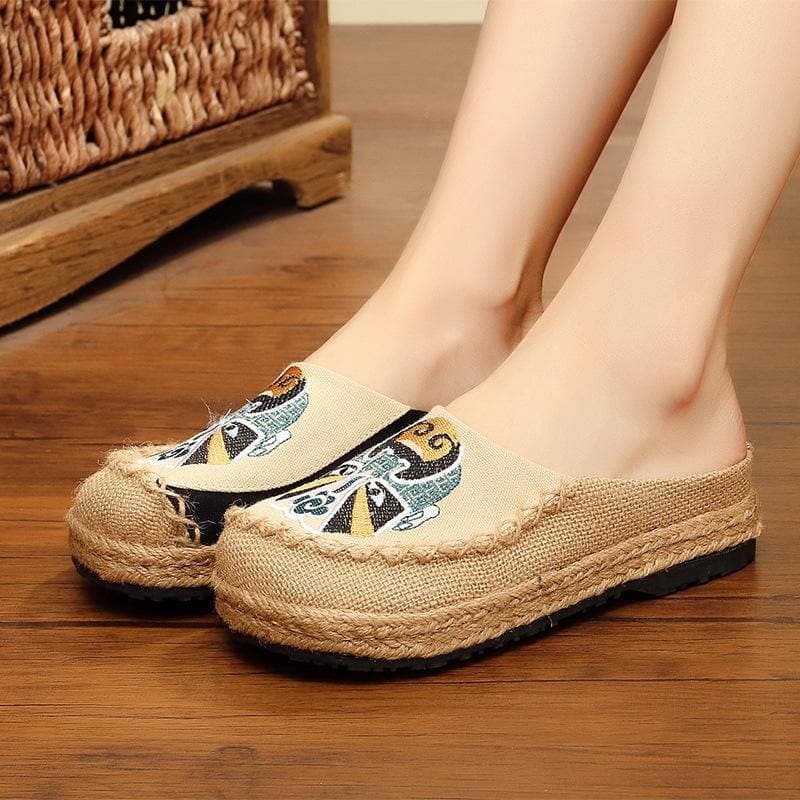  Beige Embroideried Linen Fabric Slippers Shoes Splicing - Slide Sandals - DYAVOR® 