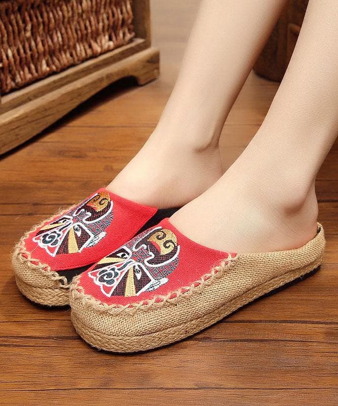  Beige Embroideried Linen Fabric Slippers Shoes Splicing - Slide Sandals - DYAVOR® 