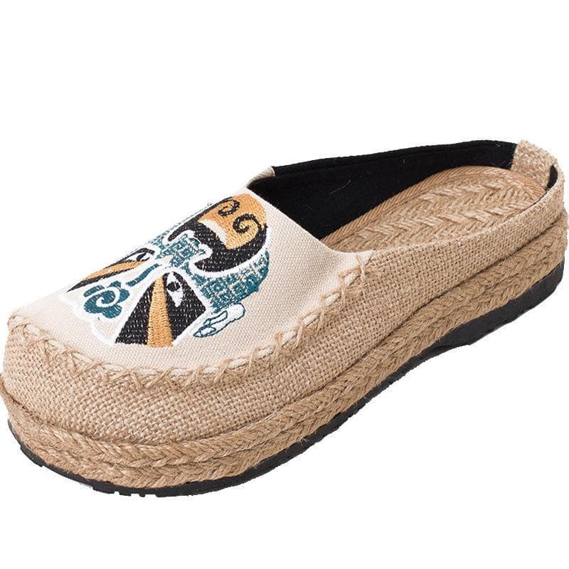  Beige Embroideried Linen Fabric Slippers Shoes Splicing - Slide Sandals - DYAVOR® 