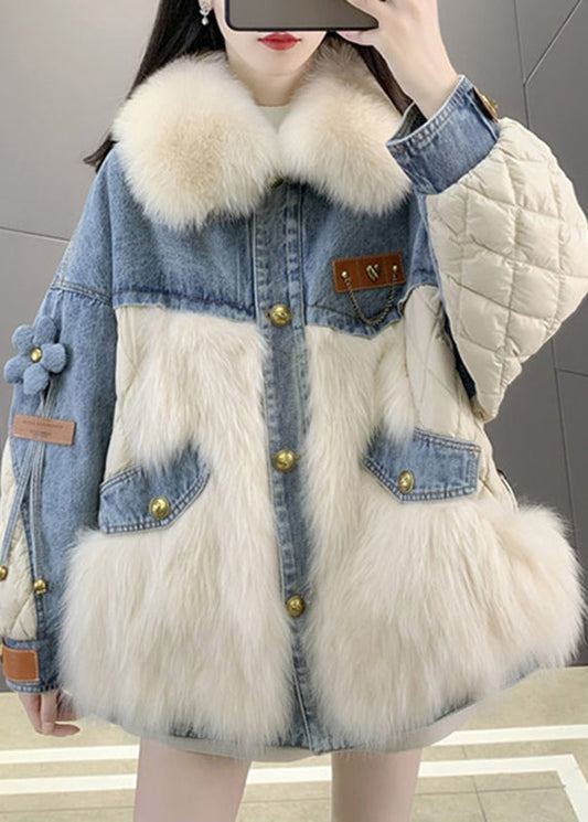  Beige Fox collar Denim Patchwork Button Down Coats Winter - Down Jackets - DYAVOR® 
