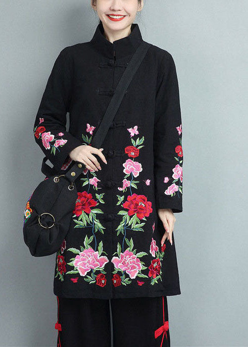  Black Cotton Coats Embroideried Oriental Button Fall - Down Jackets - DYAVOR® 