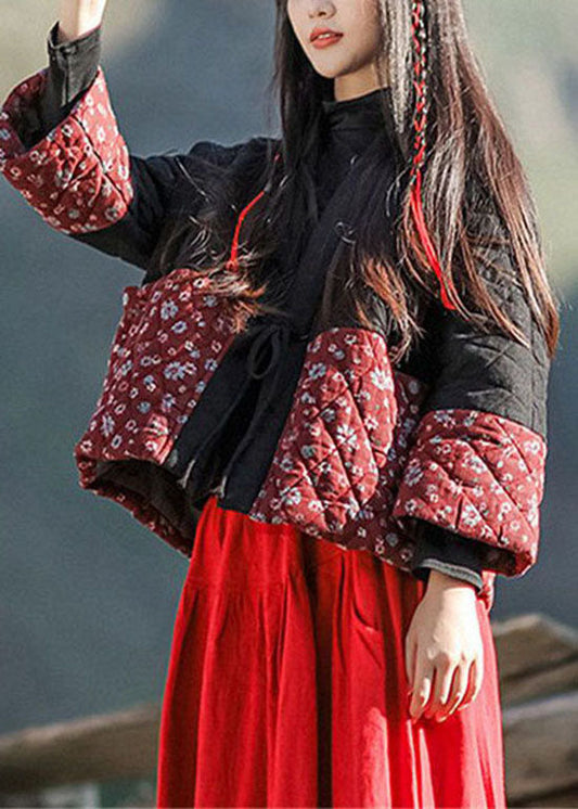  Black Patchwork Fine Cotton Filled Cardigan Lace Up Print Winter - Down Jackets - DYAVOR® 