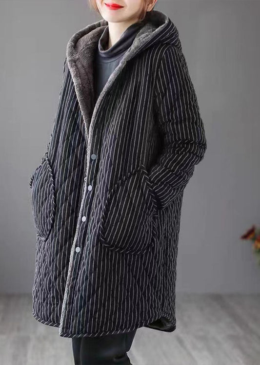  Black Striped Warm Fleece Womens Parka Hooded Winter - Down Jackets - DYAVOR® 