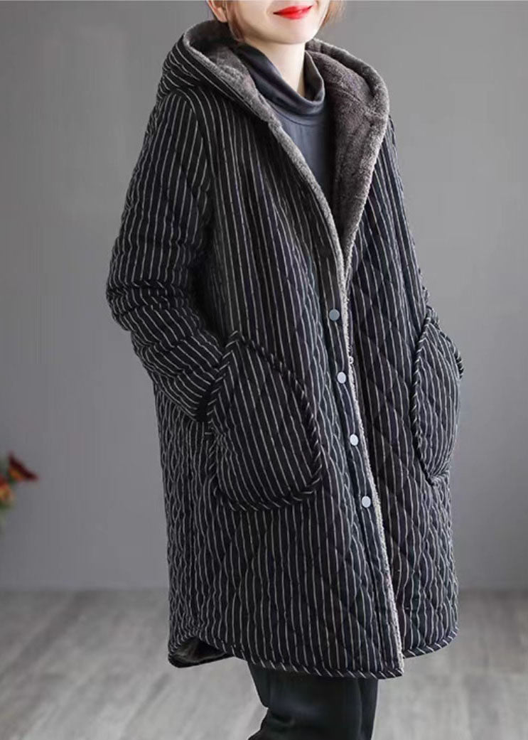  Black Striped Warm Fleece Womens Parka Hooded Winter - Down Jackets - DYAVOR® 