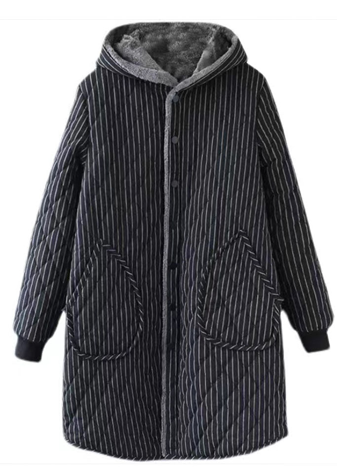  Black Striped Warm Fleece Womens Parka Hooded Winter - Down Jackets - DYAVOR® 
