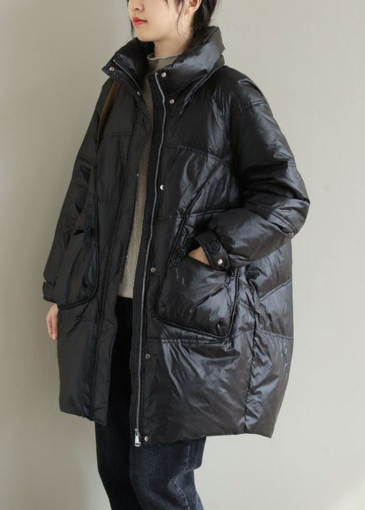  Black Thick Duck Down Down Coat Stand Collar Oversized Pockets Winter - Down Jackets - DYAVOR® 