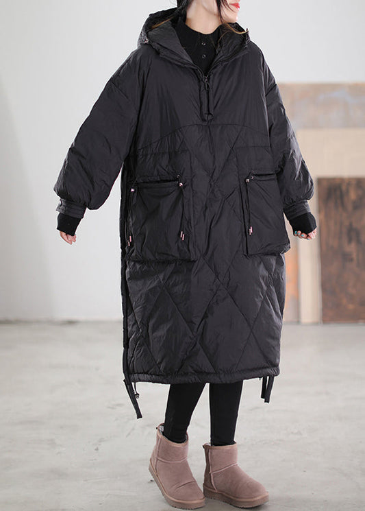  Black Zippered Drawstring Maxi Hooded Duck Down Down Coats Winter - Down Jackets - DYAVOR® 