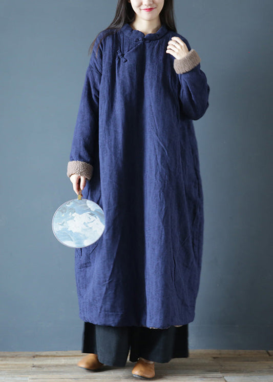  Blue Stand Collar Button Warm Fleece Thick Long Parka Winter - Down Jackets - DYAVOR® 