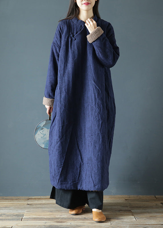  Blue Stand Collar Button Warm Fleece Thick Long Parka Winter - Down Jackets - DYAVOR® 