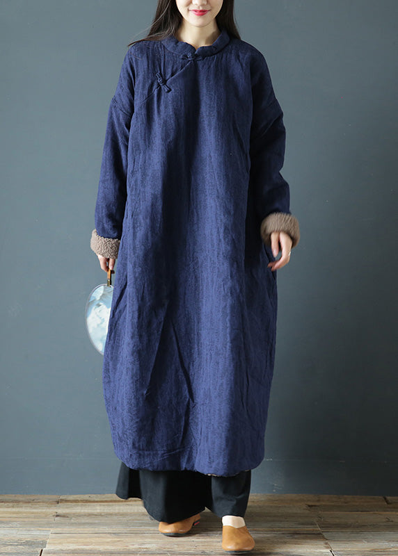  Blue Stand Collar Button Warm Fleece Thick Long Parka Winter - Down Jackets - DYAVOR® 