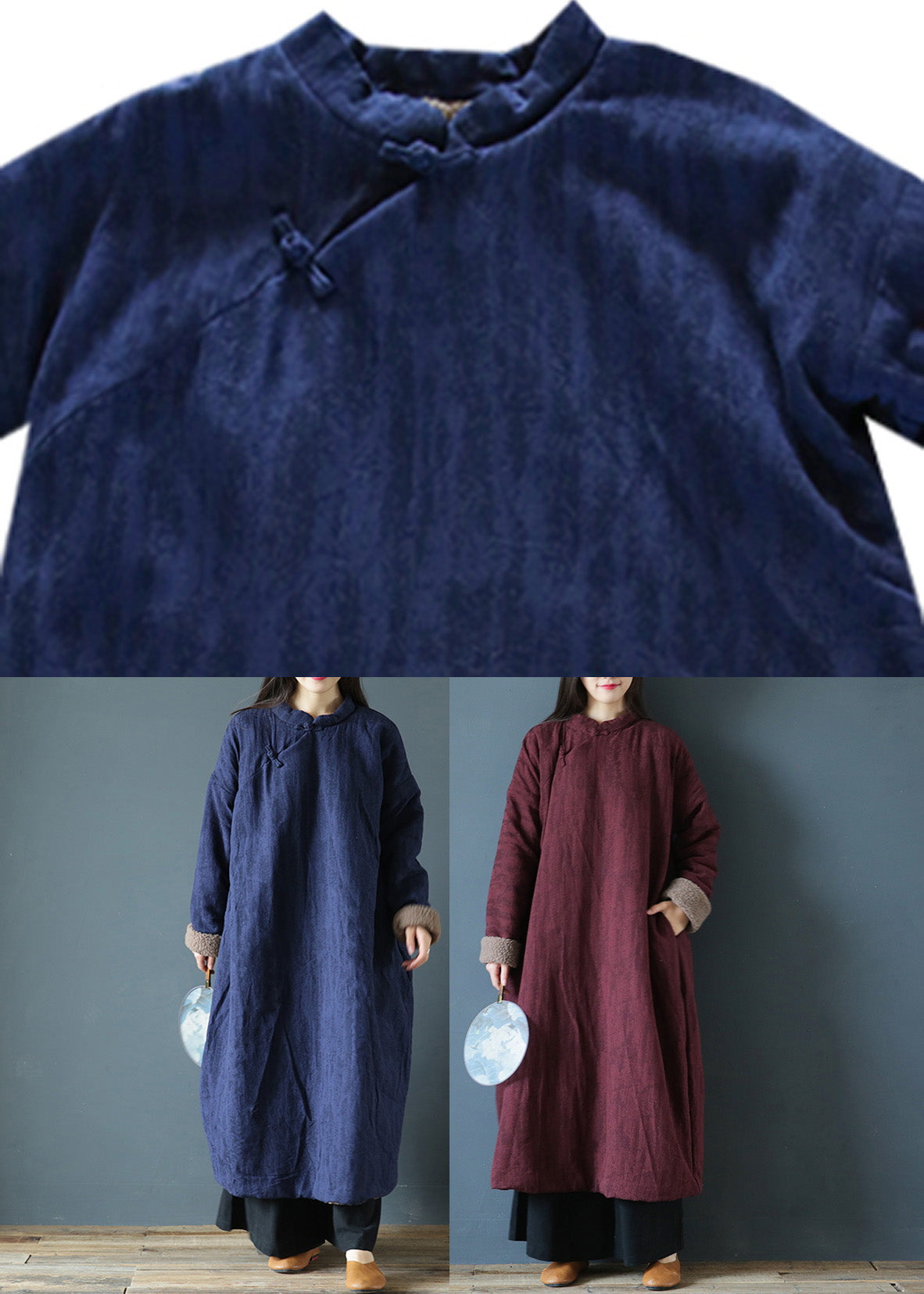  Blue Stand Collar Button Warm Fleece Thick Long Parka Winter - Down Jackets - DYAVOR® 