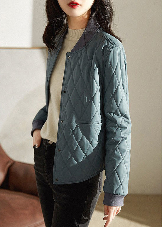  Blue Stand Collar Plaid Pockets Parka Long Sleeve - Down Jackets - DYAVOR® 