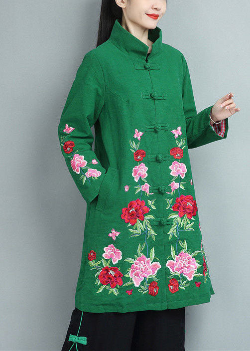  Bohemian Green Stand Collar Embroideried Cotton Coats Fall - Down Jackets - DYAVOR® 