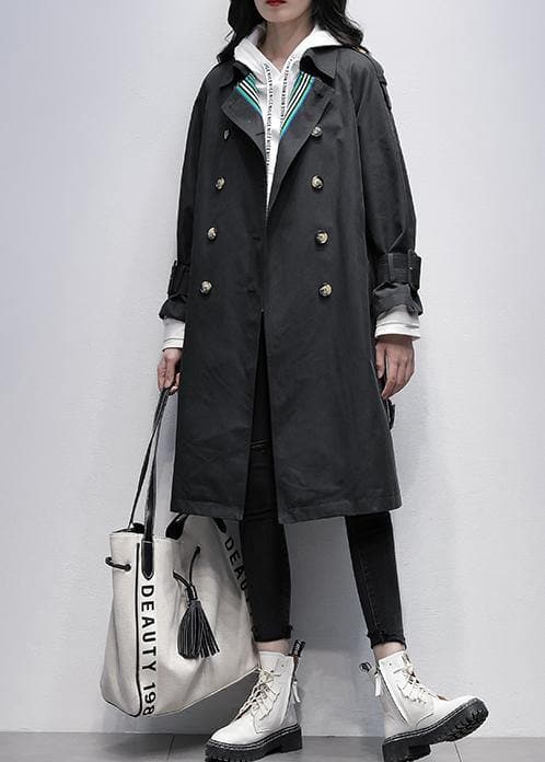 Bohemian Notched tie waist Fine trench coat black Knee coats