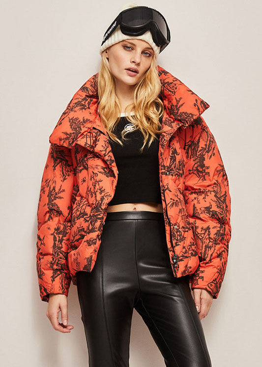  Bohemian Orange Stand Collar Zip Up Print Duck Down Jackets Winter - Down Jackets - DYAVOR® 