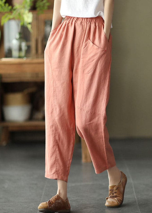  Bohemian Pink Elastic Waist Pockets Linen Crop Pants Summer - Crop Pants - DYAVOR® 
