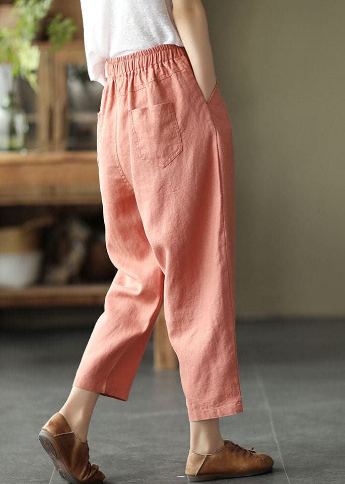  Bohemian Pink Elastic Waist Pockets Linen Crop Pants Summer - Crop Pants - DYAVOR® 