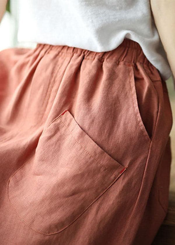  Bohemian Pink Elastic Waist Pockets Linen Crop Pants Summer - Crop Pants - DYAVOR® 