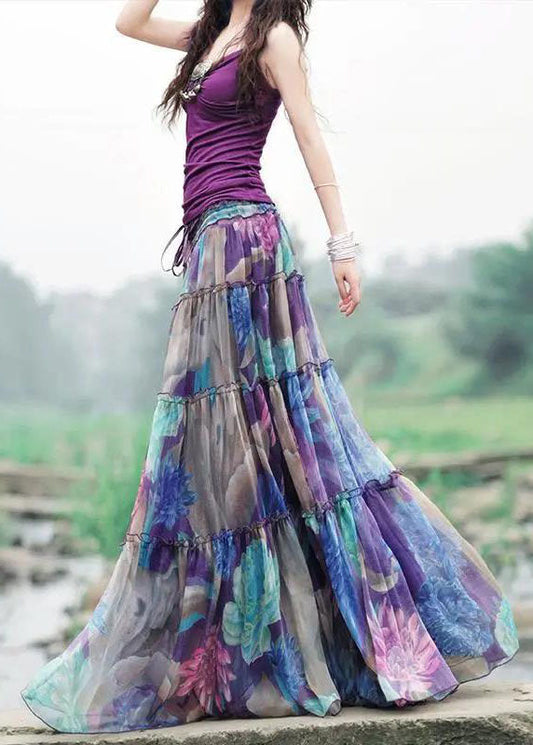  Bohemian Purple Drawstring Wrinkled Patchwork Print Chiffon Skirt Summer - Skirts - DYAVOR® 