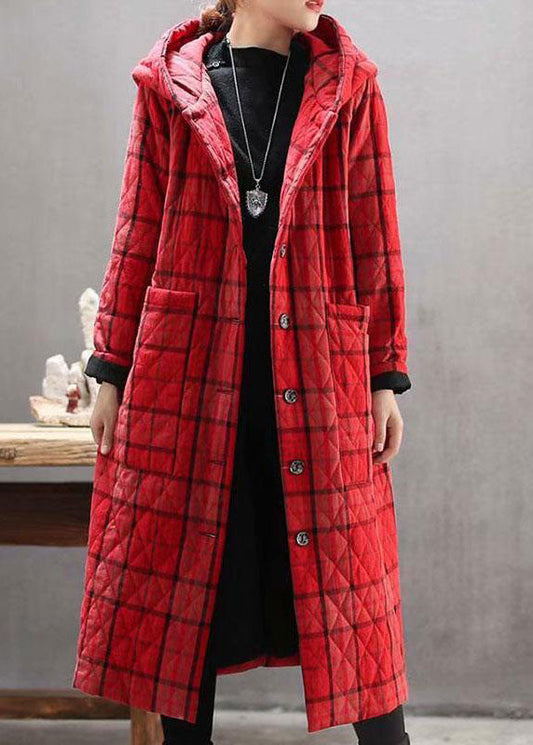  Bohemian Red Hooded Plaid Pockets Fine Cotton Filled Long Coat Outwear Winter - Down Jackets - DYAVOR® 