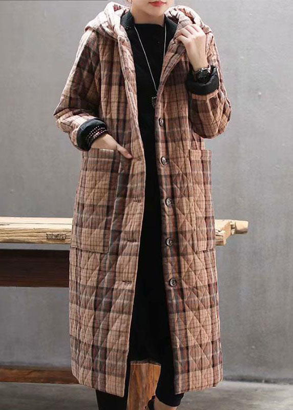  Bohemian Red Hooded Plaid Pockets Fine Cotton Filled Long Coat Outwear Winter - Down Jackets - DYAVOR® 