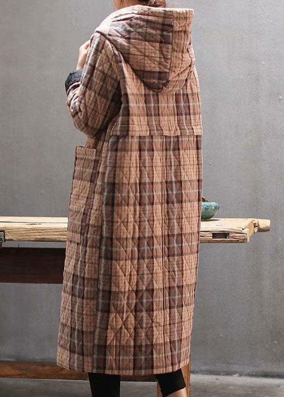  Bohemian Red Hooded Plaid Pockets Fine Cotton Filled Long Coat Outwear Winter - Down Jackets - DYAVOR® 