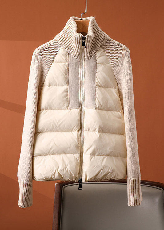  Boho Apricot Turtleneck Zippered Patchwork Knit Parka Long Sleeve - Down Jackets - DYAVOR® 