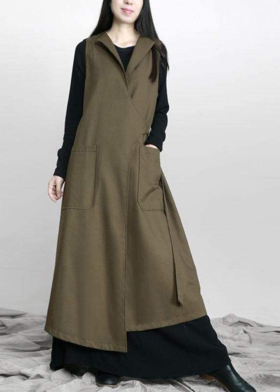  Boho Army Green Asymmetrical Design Pockets Fall Long Waistcoat - Trench coats - DYAVOR® 