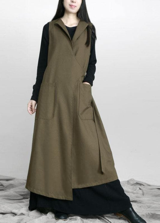  Boho Army Green Asymmetrical Design Pockets Fall Long Waistcoat - Trench coats - DYAVOR® 