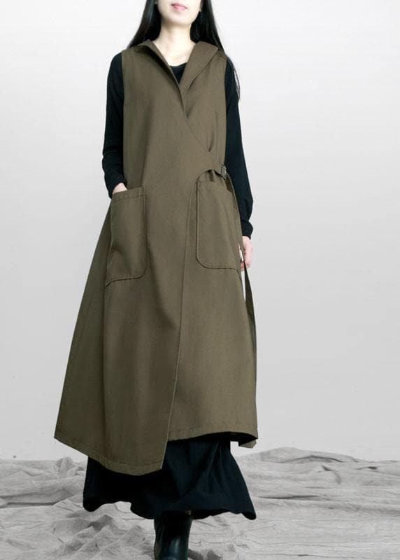  Boho Army Green Asymmetrical Design Pockets Fall Long Waistcoat - Trench coats - DYAVOR® 