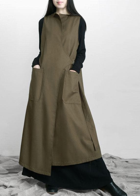  Boho Army Green Asymmetrical Design Pockets Fall Long Waistcoat - Trench coats - DYAVOR® 