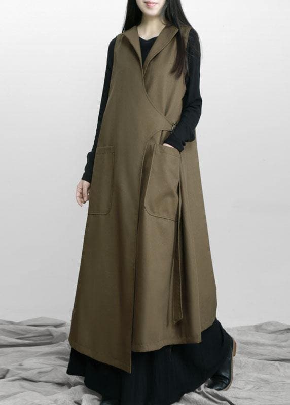  Boho Army Green Asymmetrical Design Pockets Fall Long Waistcoat - Trench coats - DYAVOR® 