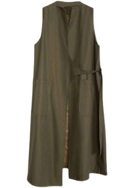  Boho Army Green Asymmetrical Design Pockets Fall Long Waistcoat - Trench coats - DYAVOR® 