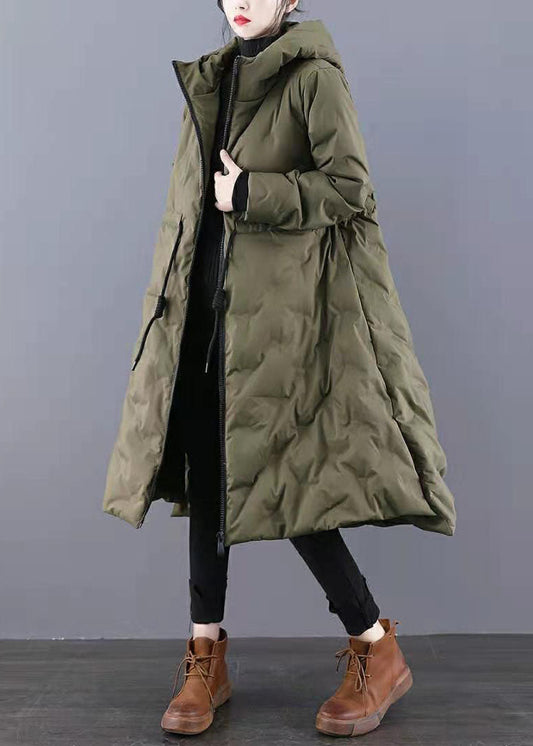  Boho Army Green Hooded Drawstring Side Open Thick Duck Down Down Coats Winter - Down Jackets - DYAVOR® 